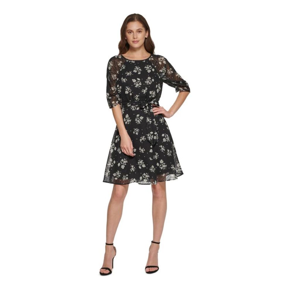 DKNY Womens Black Lined Self-tie Belt Elbow Sleeve Fit + Flare Dress 6